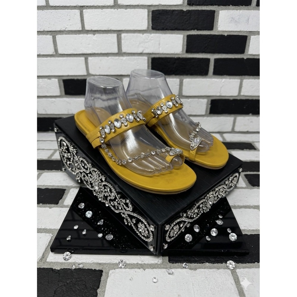Andrew Geller 💛Believe Yellow Leather Jeweled Toe Ring Slide Sandals Womens 9M